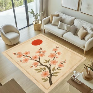 May include: A rectangular area rug with a floral design. The rug features a watercolor-style illustration of a cherry blossom branch with pink flowers and a red sun against a beige background. The rug is placed in a living room.