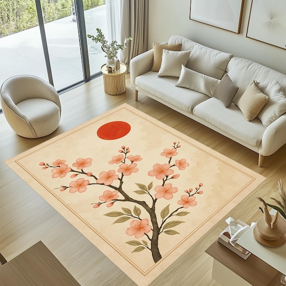 Japanese Cherry Blossom Area Rug, Red Sun Art