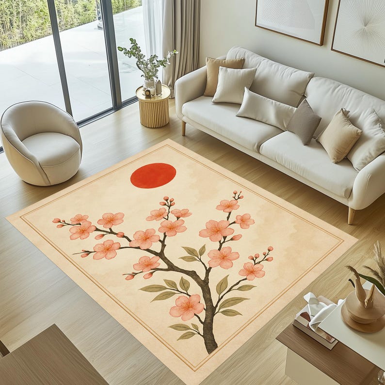 May include: A rectangular area rug with a floral design. The rug features a watercolor-style illustration of a cherry blossom branch with pink flowers and a red sun against a beige background. The rug is placed in a living room.
