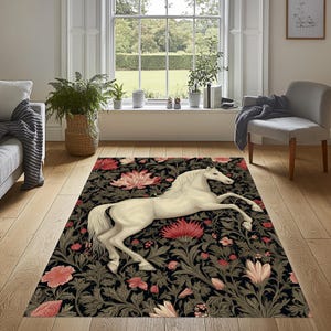 Floral Horse Rug, Horse Area Rug, Botanical Horse Rug, Horse Pattern Rug, White Horse Rug, Vintage Horse and Floral Rug, Horse Rug