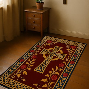 May include: A rectangular rug with a burgundy field features a gold Celtic cross design. The border is navy blue with gold Celtic knotwork and red roses. A wooden cross hangs on the wall above the rug.