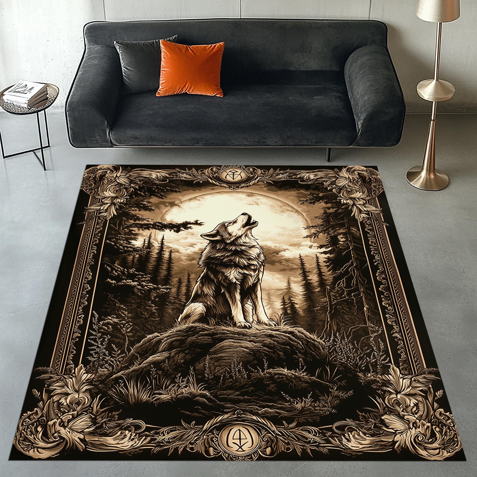 Howling Wolf Rug, Full Moon and Wolf Rug, Wolf Area Rug, Rustic Wolf ...