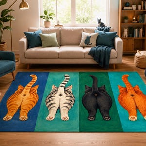 May include: A rectangular area rug featuring four distinct vertical color panels in blue, light green, dark green, and teal. Each panel displays a rear view of a cat, including an orange tabby, a grey tabby, a black cat, and an orange cat.