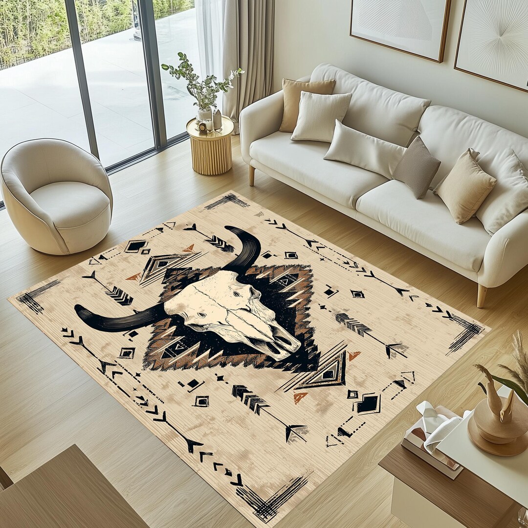 Distressed Southwestern Rug, Bull Skull Area Rug, Southwestern Rug ...