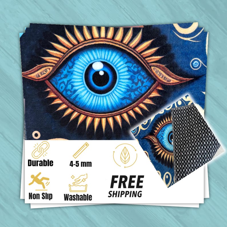 May include: A blue and gold decorative mat featuring a detailed eye design. The mat has a non-slip backing and is washable. The image also shows the mat is durable and 4-5 mm thick.