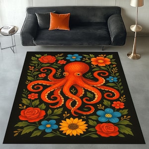 Tapis pieuvre, carpette pieuvre, tapis sur le thème de la mer, tapis décoratif pieuvre, tapis floral pieuvre, tapis à fleurs, tapis à motif pieuvre, tapis pieuvre coloré