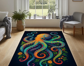 Bunter Kraken Teppich, Florales Meerestierdekor