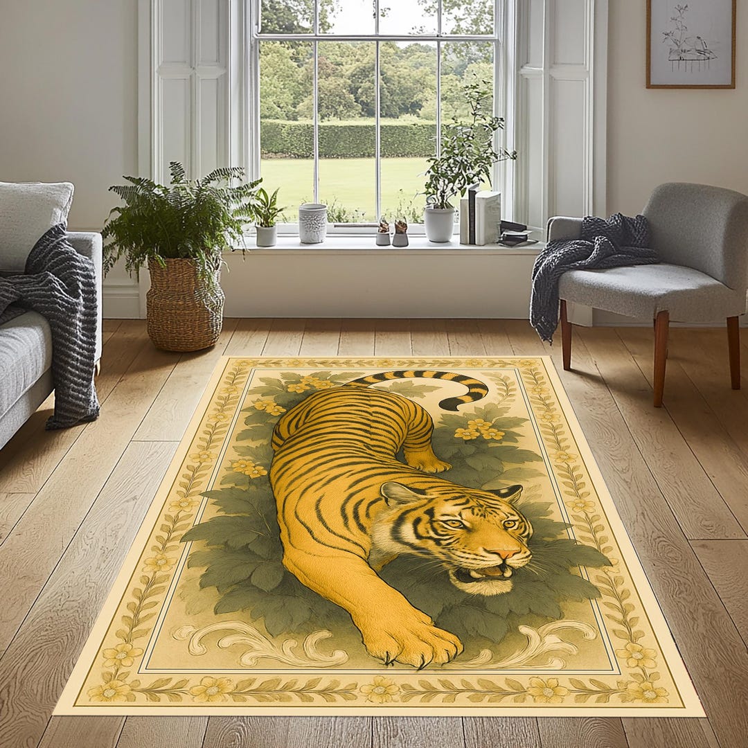 Bengal Tiger Area Rug, Floral Frame, Traditional Style - Etsy