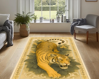 Alfombra con diseño de tigre de Bengala, marco floral, estilo tradicional.