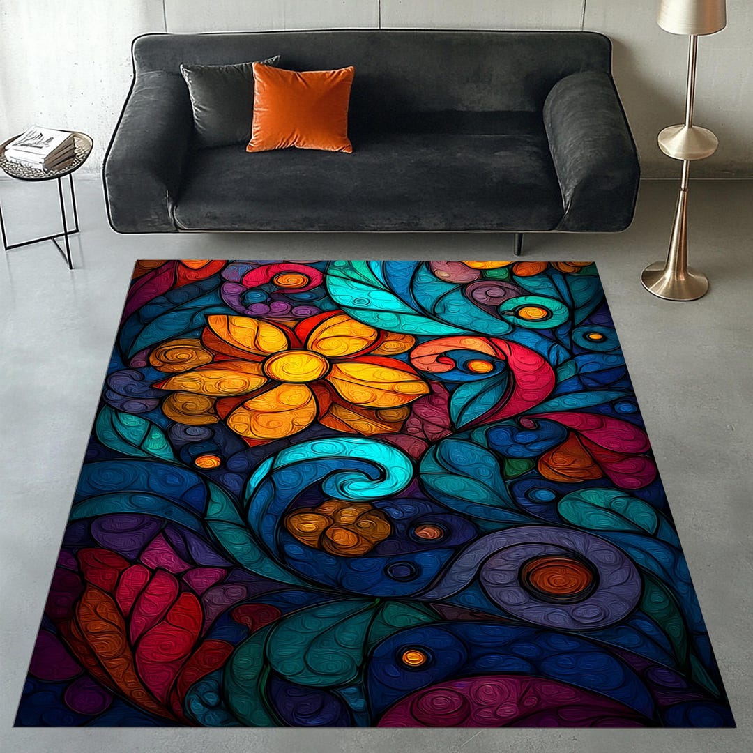 Stained Rug Design Stained Glass Style Floral Rug, Colorful Modern Art Rug - Etsy