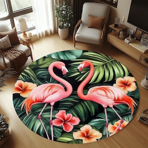 Round Flamingo Rug, Jungle Area Rug, Flamingo Area Rug, Floral Flamingo Rug, Palm Leaves Rug, Round Animal Rug, Flamingo Pattern Rug