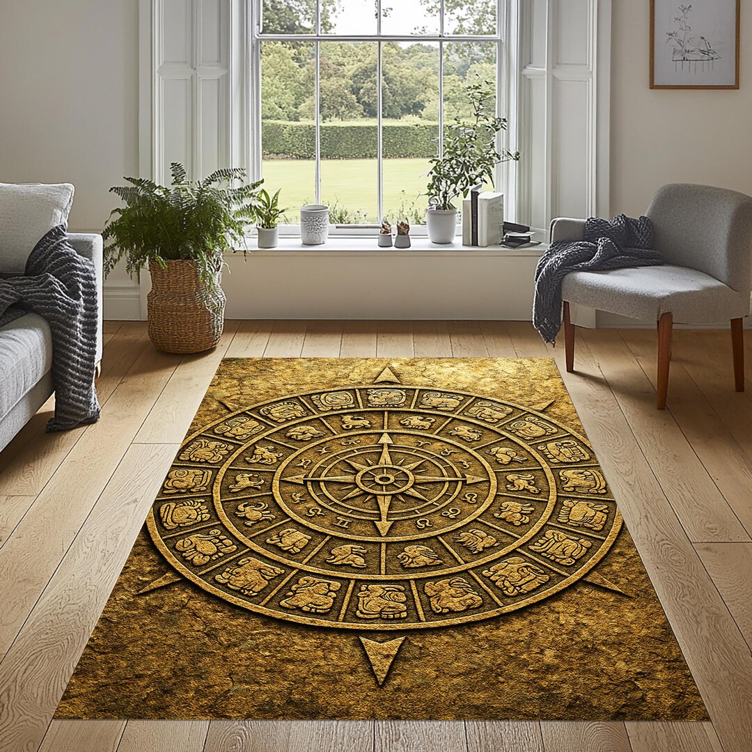 Mayan Calendar Rug, Golden Mayan Calendar Rug, Gold Astrological Decor ...