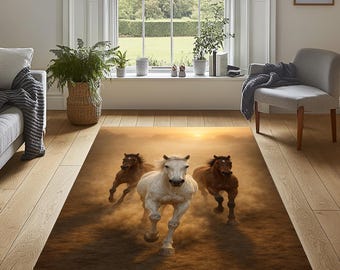 Running Horses Area Rug, 3D Digital Print, Non-Slip Cotton Base