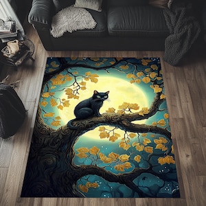 Black Cat Rug, Mystical Cat Rug, Cat Area Rug, Cat and Full Moon Rug, Cat Patterned Rug, Cat Sitting on Tree Rug, Cat Decor, Cat Carpet