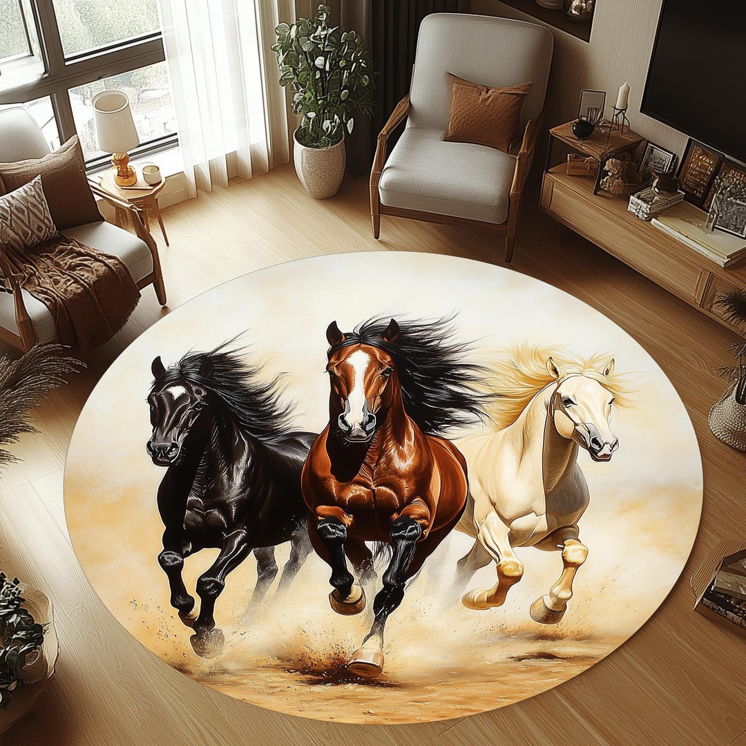 Round Horses Rug, Running Horse Rug, Horse Area Rug, Animal Themed Rug ...