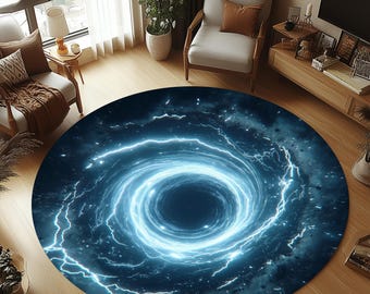May include: A round blue and white rug with a swirling black hole design. The rug features a galaxy-like pattern with white lightning bolts.