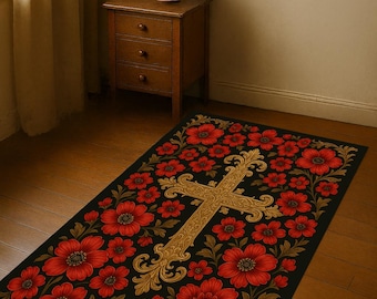Floral Cross Rug, Christian Prayer Mat, Orthodox Gift