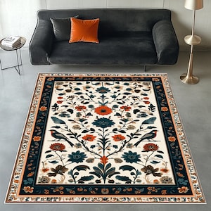 Botanical Area Rug, Floral Bird Rug, Traditional Style Rug, Floral Area Rug, Garden Themed Rug, Traditional Rug, Colorful Botanical Rug