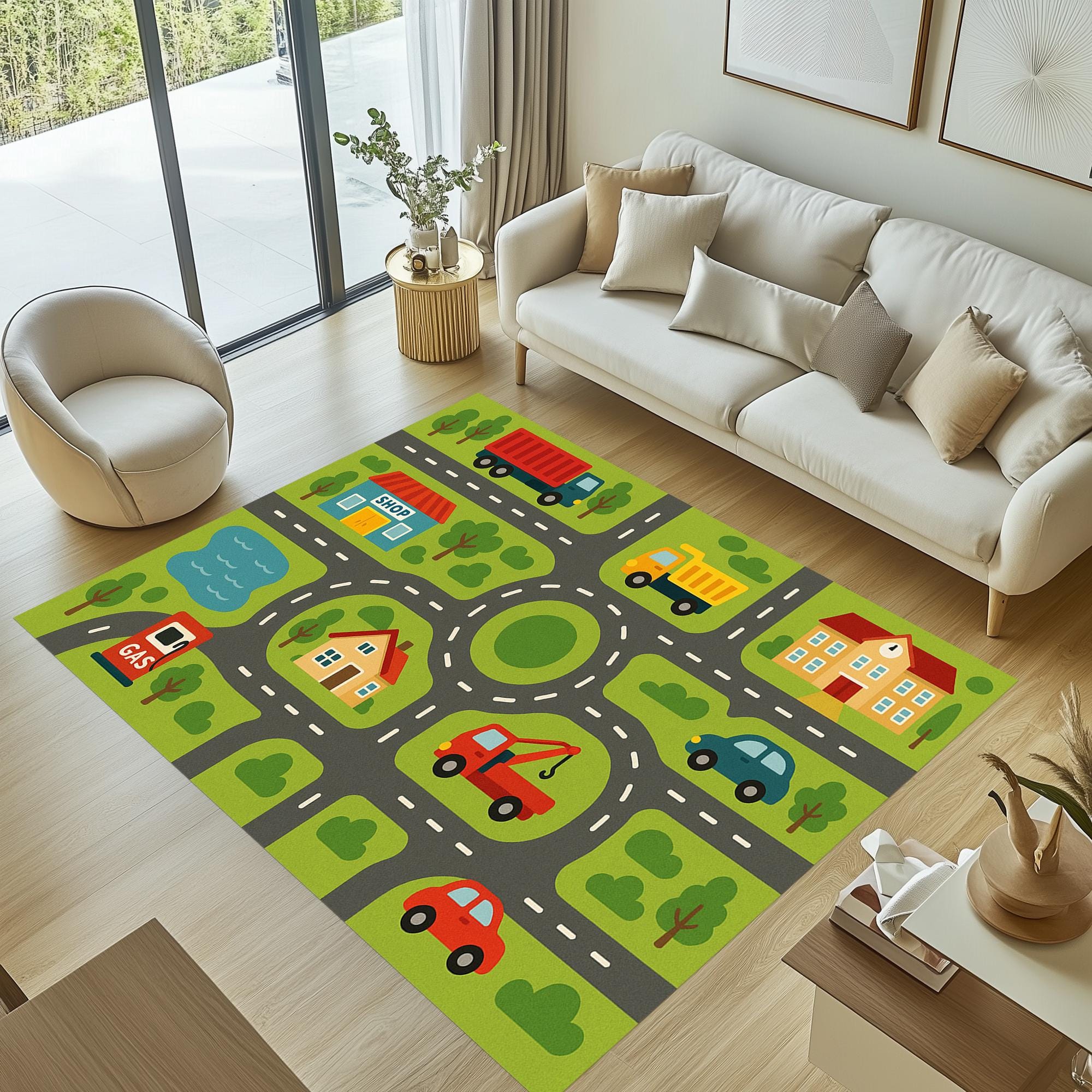 Colorful Road Map Rug With Trucks & Diggers, Boys Room Decor, Toy Car ...