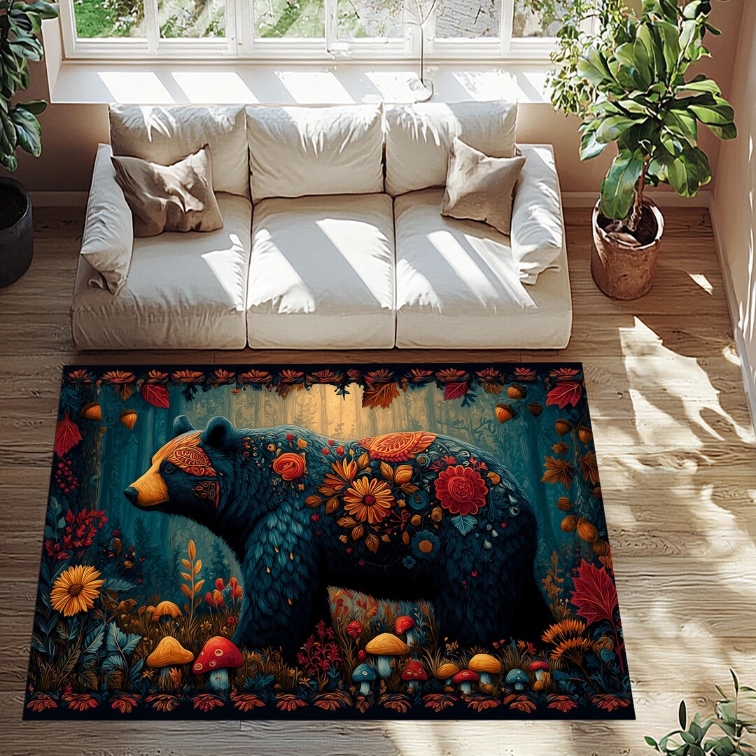 Floral Bear Area Rug, Mystic Forest Print - Etsy