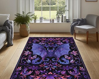 Mystical Bat Area Rug, Floral Gothic Home Decor