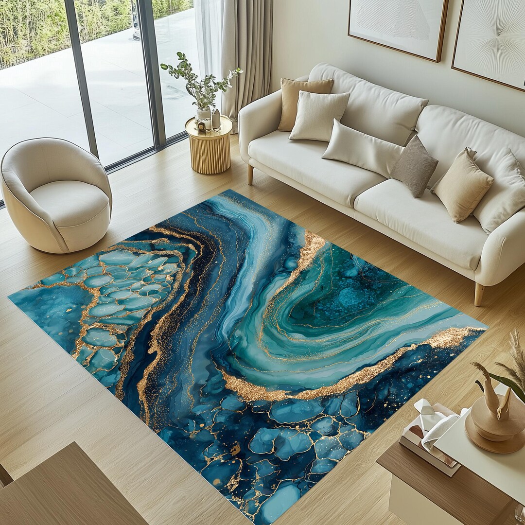 Blue Marble Rug Pattern Blue and Gold Marble Rug, Marble Area Rug, Marble Rug, Marble Effect ...