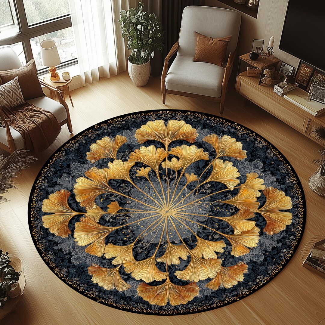 Round Botanical Rug, Ginkgo Leaves Rug, Golden Leaf Round Rug, Ginkgo ...