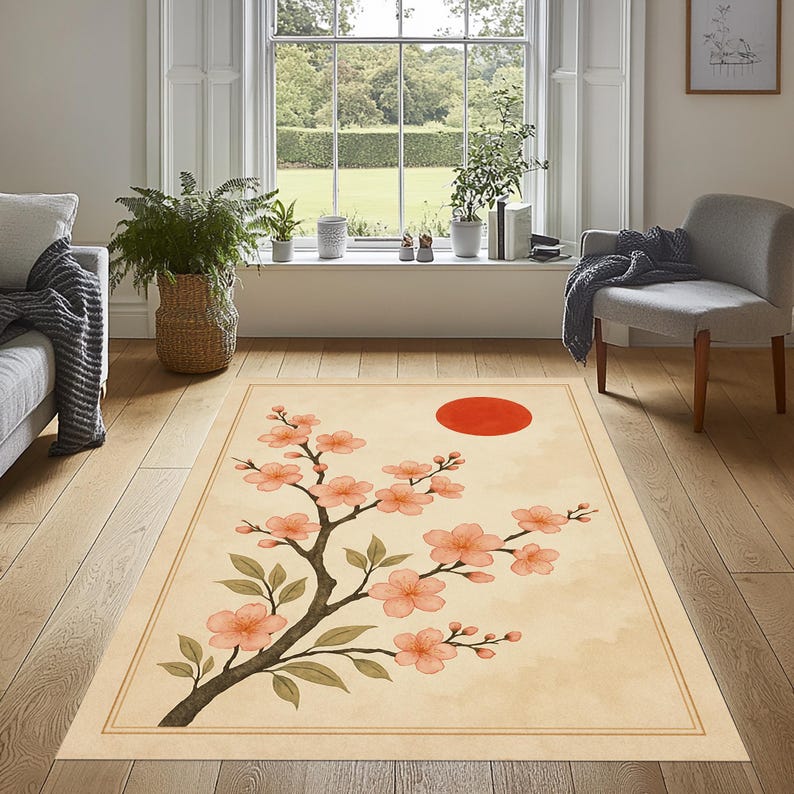 May include: Rectangular area rug featuring a Japanese-inspired design. The rug has a cream-colored background with a branch of pink cherry blossoms and a red sun. The rug is bordered with a thin, light brown frame.