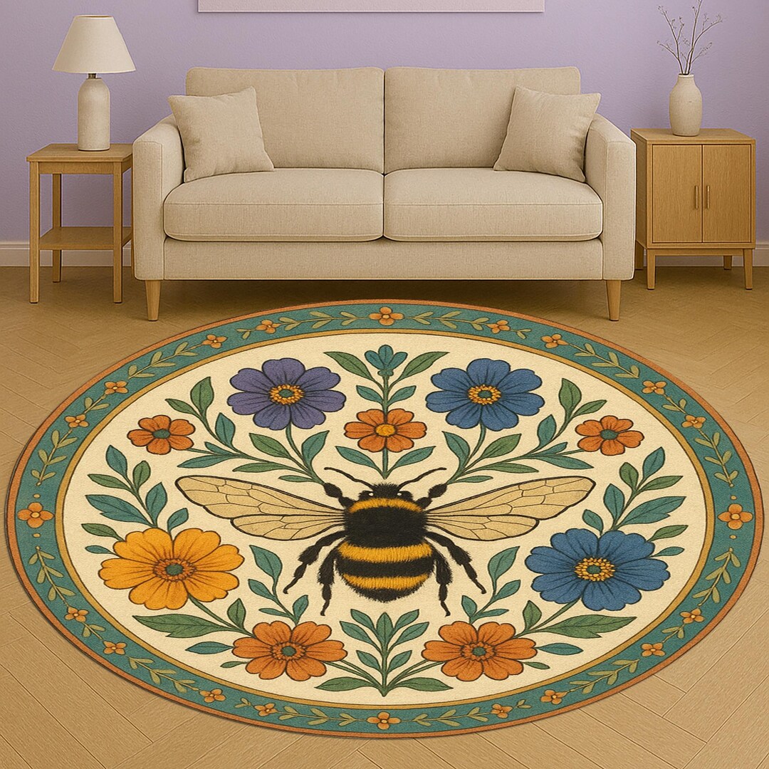 Floral Bee Round Rug, Botanical Print, Non-slip Cotton (24 Inch) - Etsy