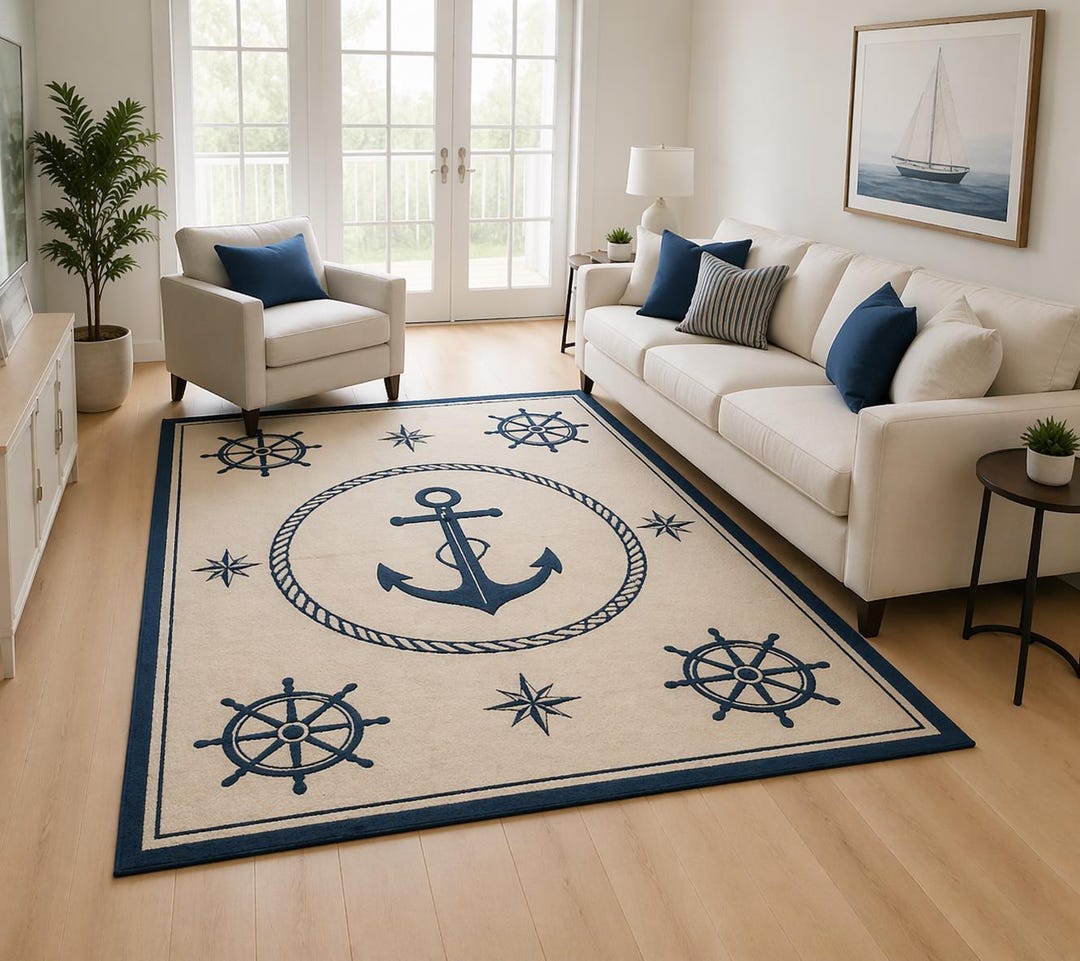 Nautical Anchor Area Rug, Coastal Beach House Decor, Marine Compass ...