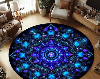 Neon Mandala Runder Teppich, Rutschfeste Baumwollbasis (61 cm)