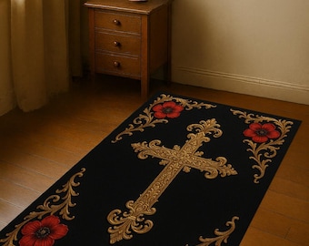 Christian Prayer Rug, Cross Symbol, Floral Design
