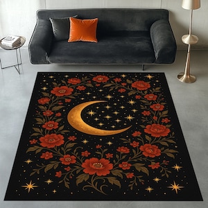 Floral Moon Rug, Crescent Moon Rug, Moon Area Rug, Mystical Moon Rug, Starry Sky Rug, Moon Rug, Celestial Floral Rug, Moon Pattern Rug