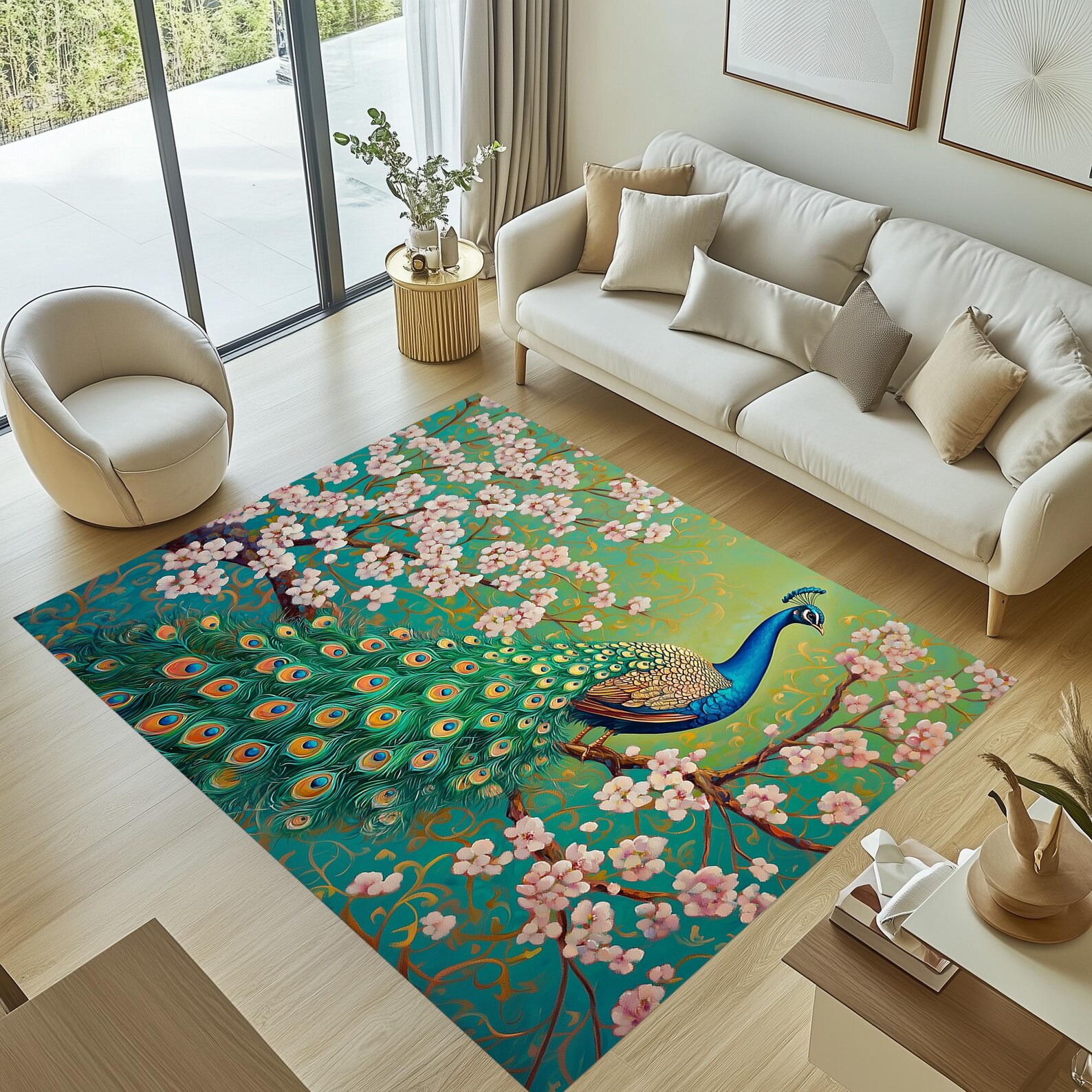 Peacock Area Rug, Floral Peacock Rug, Floral Rug, Animal Themed Rug ...