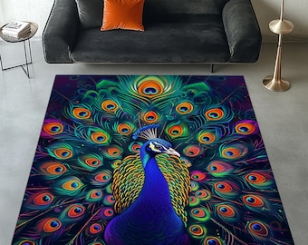 Colorful Peacock Rug, Peacock Area Rug, Peacock Pattern Rug, Peacock Design Rug, Peacock Rug, Peacock Decor Rug, Animal Rug, Peacock Decor