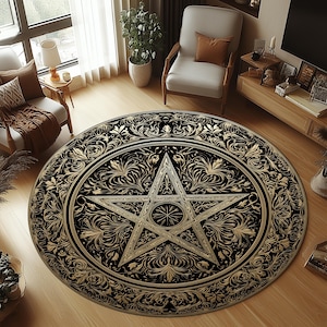 Tappeto rotondo a forma di pentagramma, tappeto a forma di pentagramma, tappeto a forma di pentagramma, tappeto a forma di trappola del diavolo, tappeto a forma di gotico, tappeto con motivo a pentagramma, tappeto decorativo a pentagramma