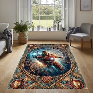May include: A rectangular area rug featuring a central graphic of Iron Man in a red and gold suit, surrounded by a circular blue energy effect. The design includes intricate geometric patterns in gold and blue, with Iron Man helmet icons.