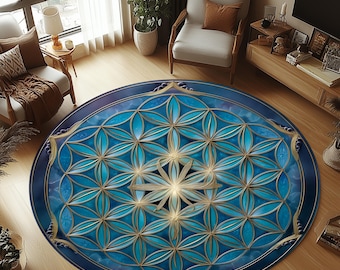 Op de afbeelding: Een rond vloerkleed met een geometrisch bloemenpatroon in blauw en goud. Het vloerkleed heeft een centraal bloemachtig patroon omgeven door herhaalde bloemblaadjes, wat een symmetrisch ontwerp creëert. Het vloerkleed heeft een diameter van ongeveer 152 cm.