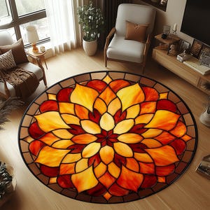 Tapete redondo Mandala em vitral, cores de outono, base antiderrapante de algodão (60 cm)