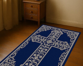 Blue Cross Prayer Rug, Christian Decor Rug, 1.3x2 ft