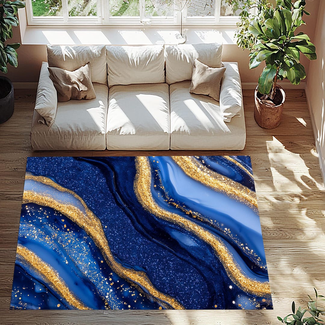 Golden Powder Blue Marble Round Rug