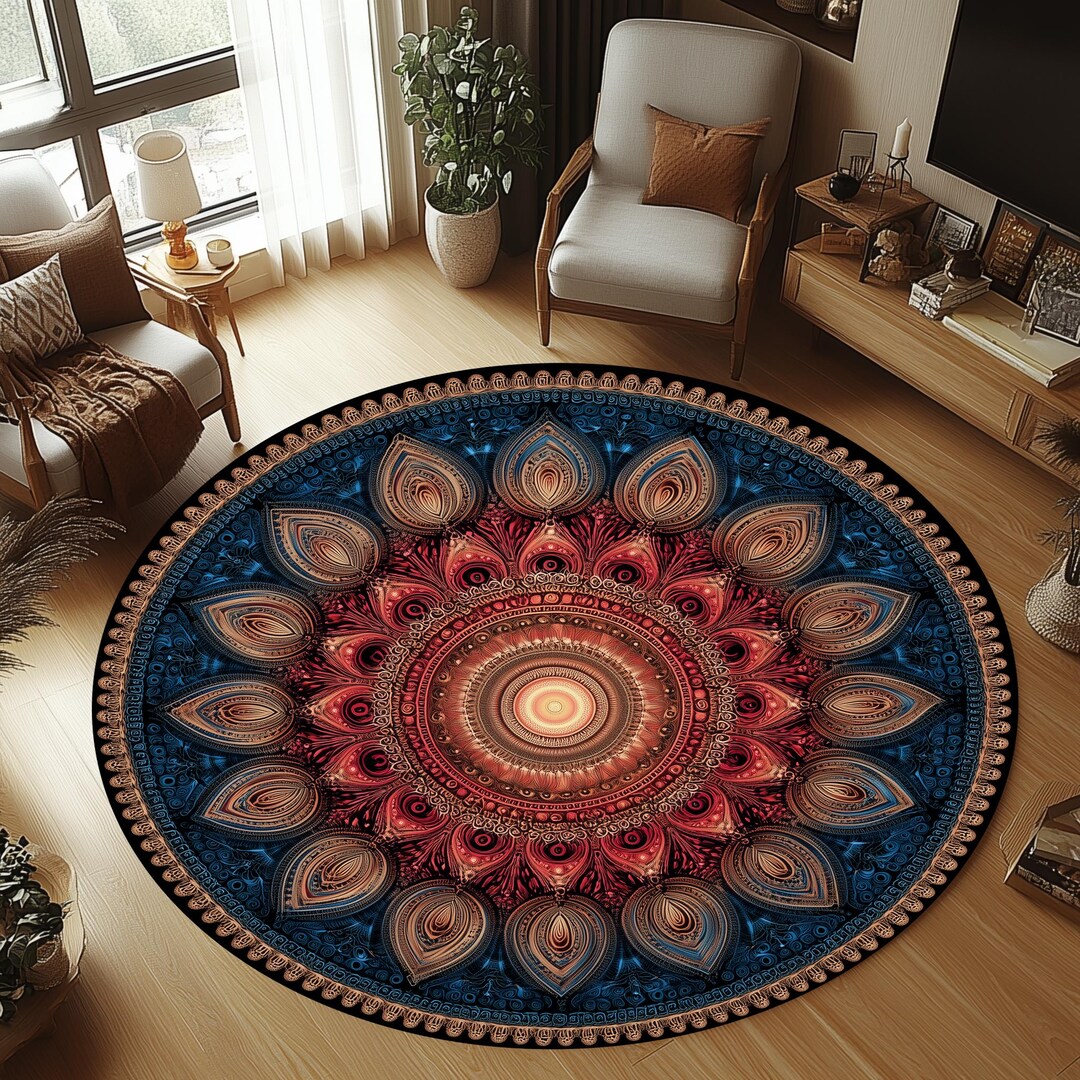 Mandala Rug Pattern Round Mandala Rug, Traditional Medallion Pattern, Non-slip Cotton Base ...
