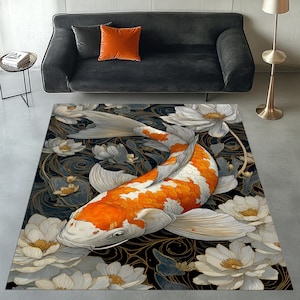 Floral Koi Fish Rug, Koi Fish Rug, Koi Fish Area Rug, Koi Fish Decor, Japanese Rug, Japan Themed Rug, Japanese Area Rug, Japan Rug
