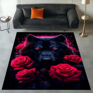 Red Floral Wolf Rug, Wolf Area Rug, Wolf Pattern Rug, Red Eyed Wolf Rug, Wolf Rug, Wolf Themed Rug, Animal Decor, Flower Wolf Rug