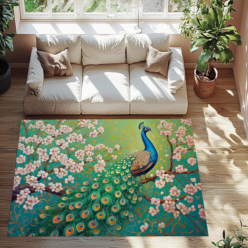 Peacock Area Rug, Floral Peacock Rug, Floral Rug, Animal Themed Rug ...