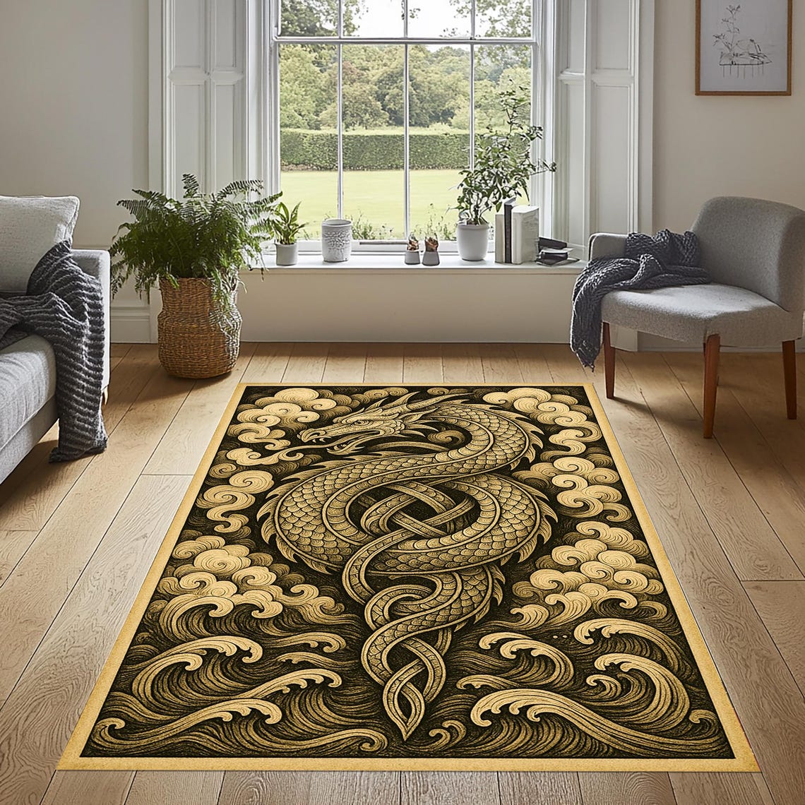 Dragon in Clouds and Waves Rug, Dragon Area Rug, Dragon Pattern Rug ...