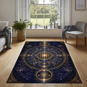 Puede incluir: Una alfombra rectangular con un fondo azul marino profundo y complejos patrones geométricos dorados, que incluyen un mandala central de flor de la vida, motivos de flores de loto y líneas celestiales en un diseño simétrico detallado.