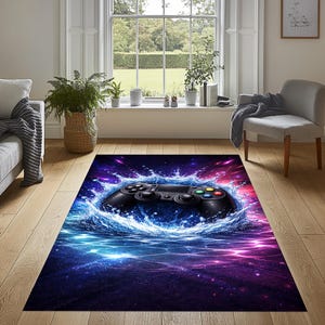 Water Splash Gaming Rug, Gaming Controller Rug, Neon Game Room Rug, Gamer Area Rug, Game Console Rug, Gamer Gift