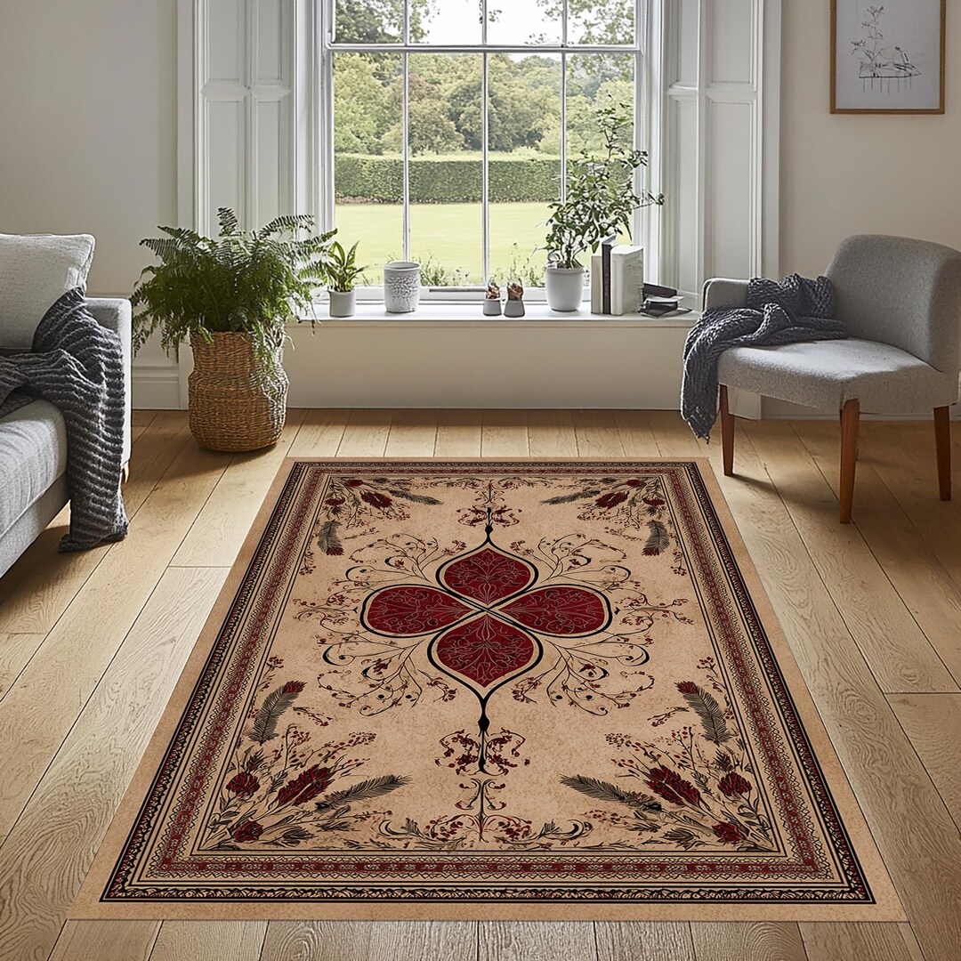 Red Beige Oriental Area Rug, Traditional Vintage Style - Etsy
