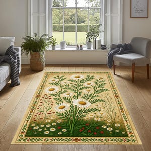 Botanical Daisy Rug, Vintage Style Nature-Inspired Rug, Botanical Rug, Boho Floral Rug, Rustic Floral Rug, Flower Rug, Vintage Flower Rug
